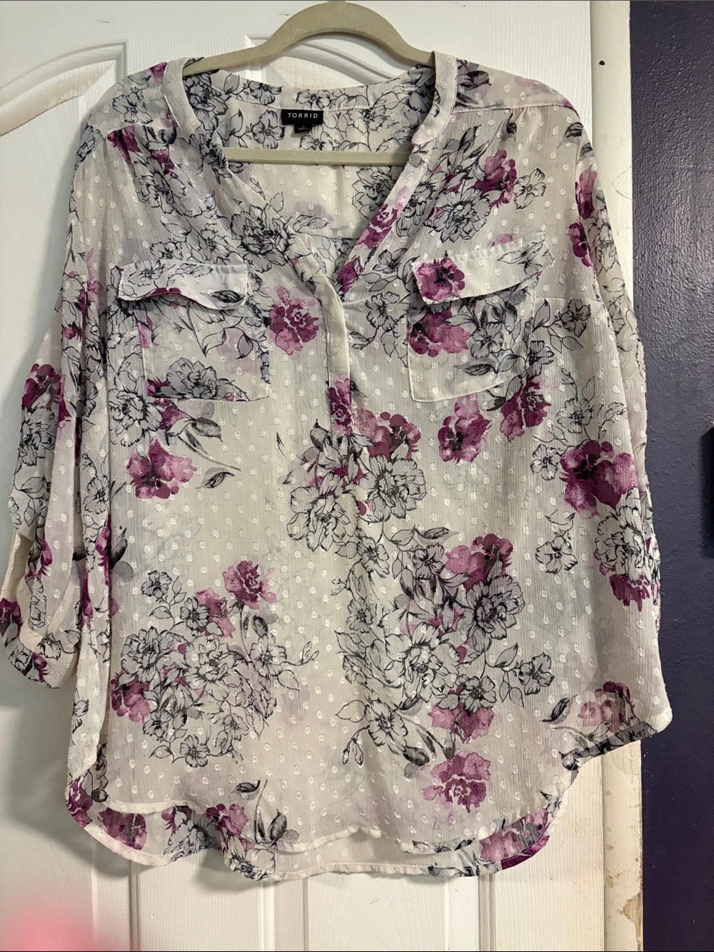 torrid White Sheer Floral Button-Front Blouse with Purple Blooms